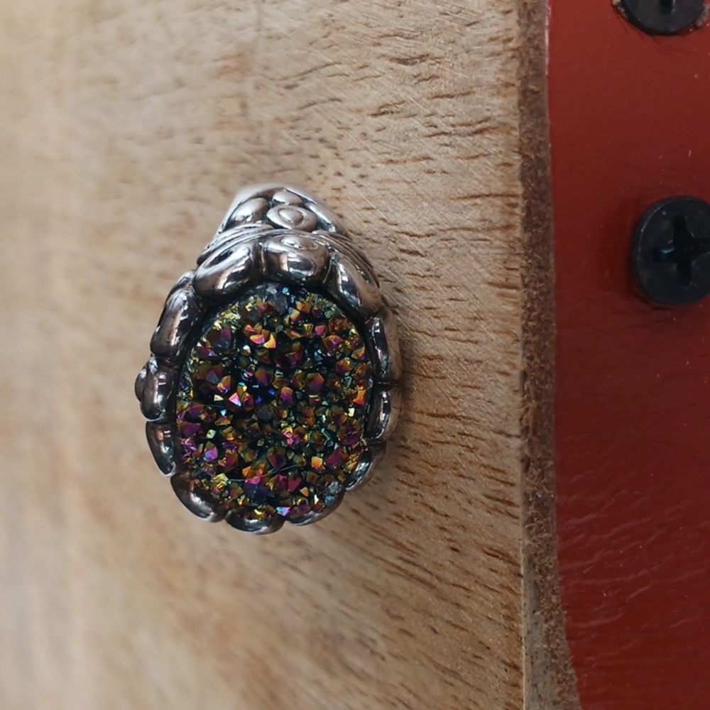Druzy In Silver-plate(?)/tone(?) Brighton-like Setting. Size 7 Marked "N TH"